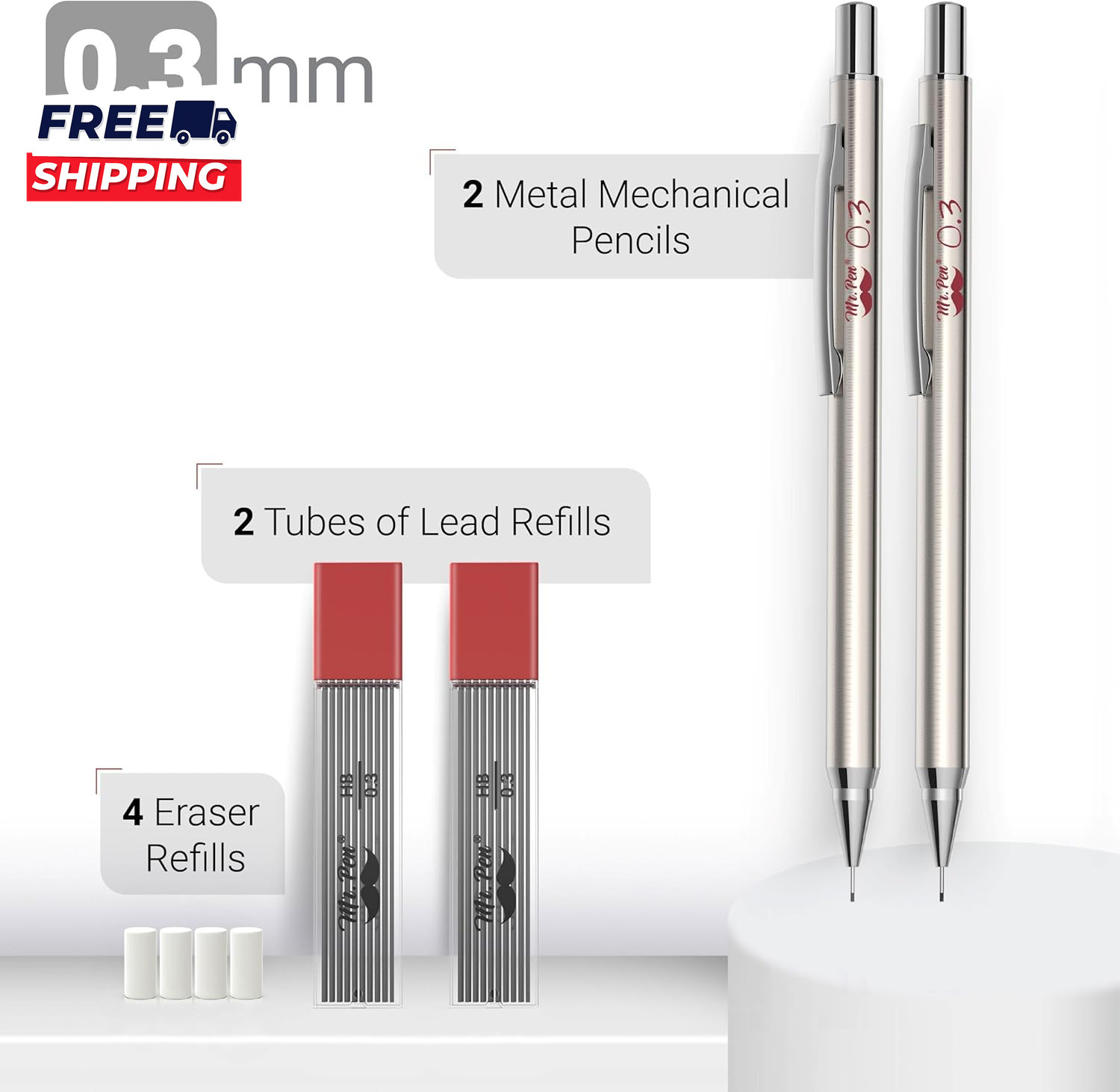 Metal Mechanical Pencils 0.3Mm 2 Pack Pencil Mechanical Lead Pencil Metal