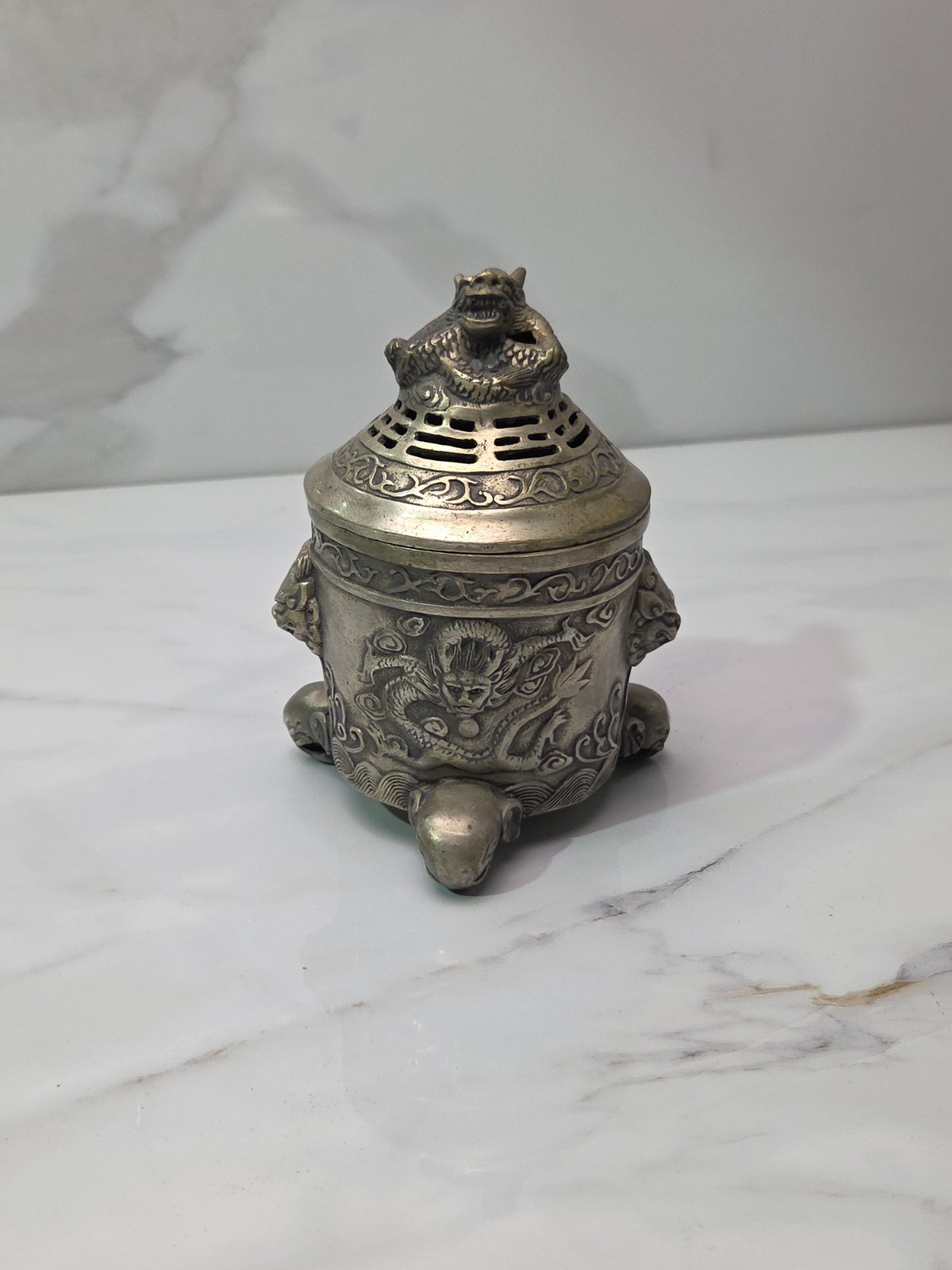 6" Qianlong Marked Copper Silver Dragon Beast Pattern Incense Burner Censer VTG