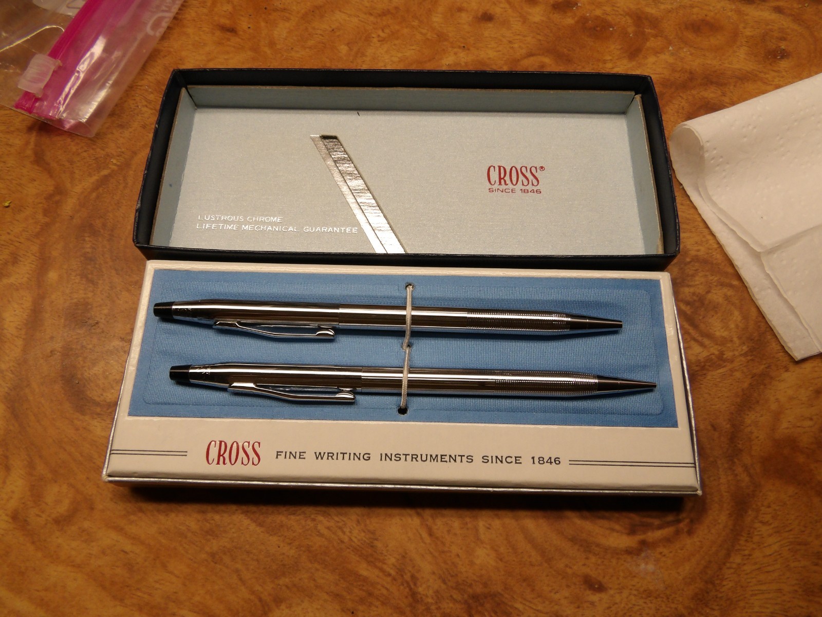 Vintage Cross 3501 Chrome Silver Tone Ball Pen and Pencil Set In Box Slim NOS