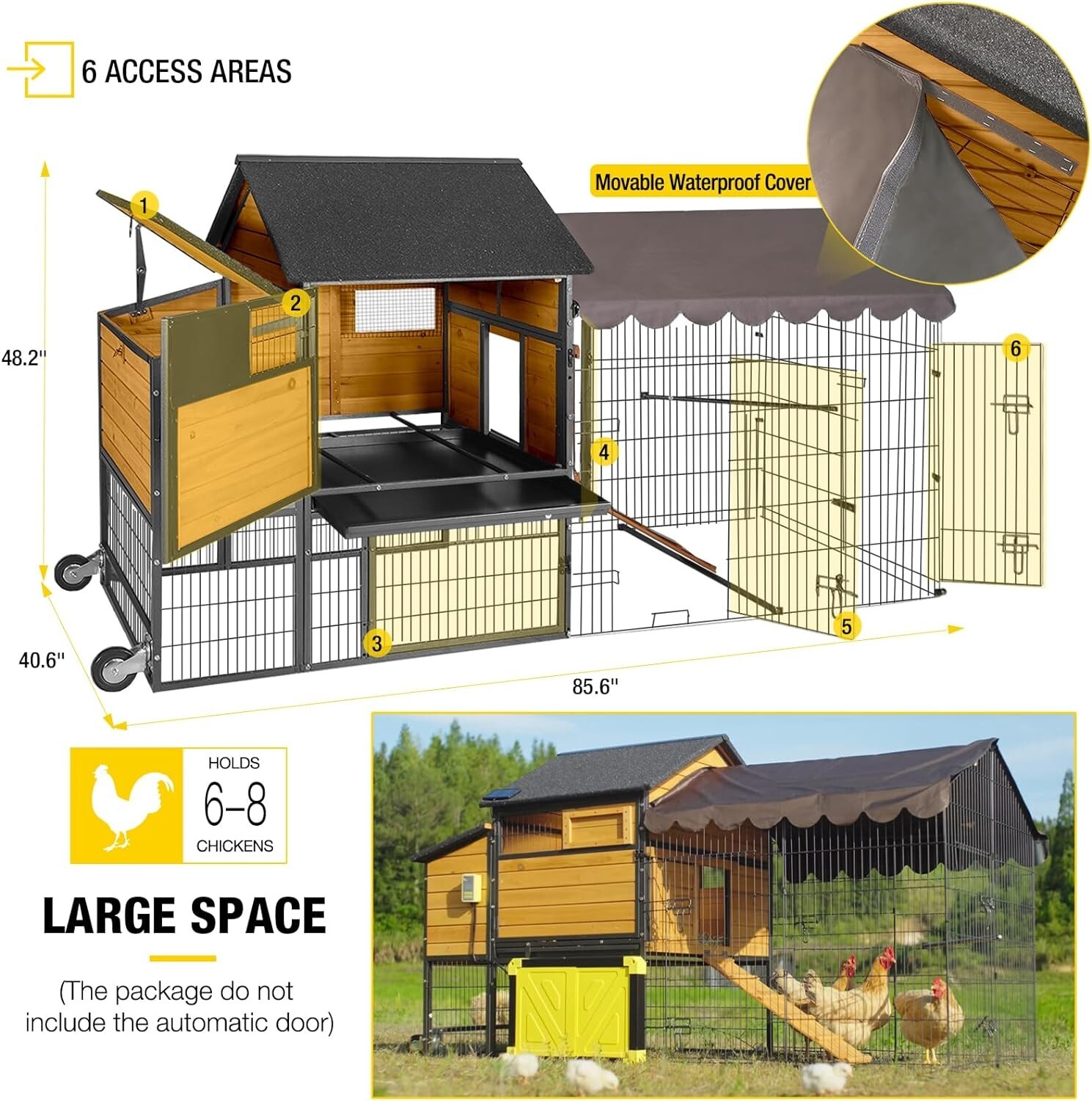 Aivituvin Mobile Chicken Coop 85" Large All-Steel Frame Hen House Poultry Cage