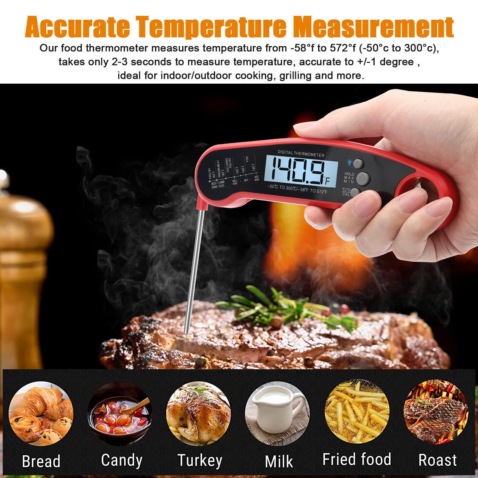 Instant Read Digital Meat Thermometer Fast for Kitchen Food Cooking BBQ Grilling