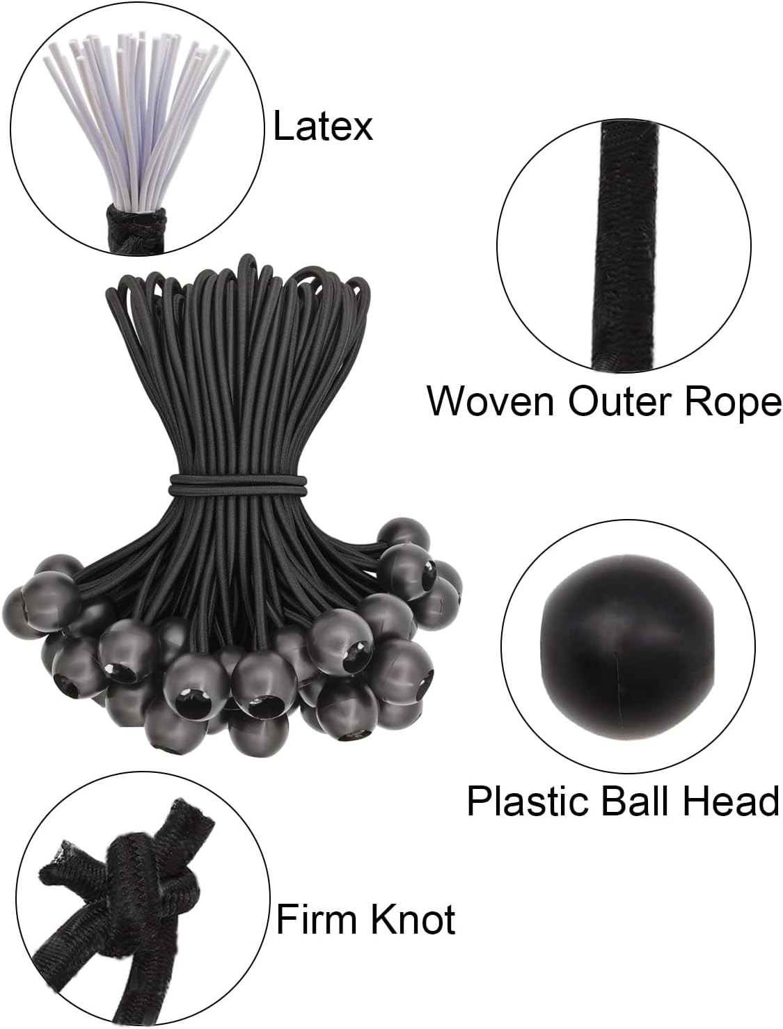 4" Inch Black Ball Bungee Bungie Cord Canopy Tarp Tie Downs Straps New Lot x2000