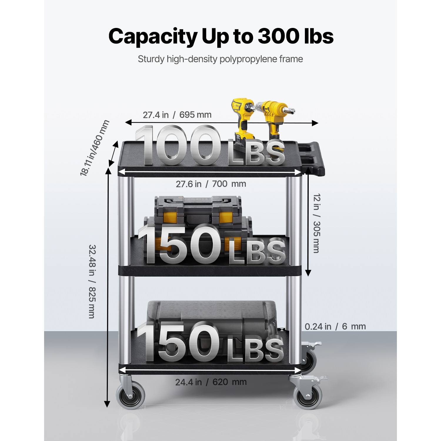 3-shelf Utility Cart 300 lbs 27.6 x 18.1-inch Service Cart with Wheels
