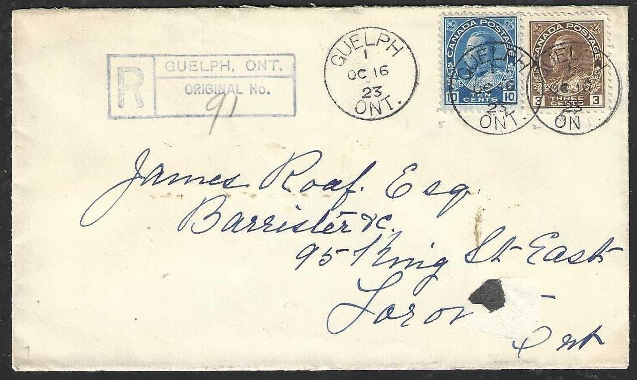 CANADA 1923 Registered Cover Guelph ON to Toronto