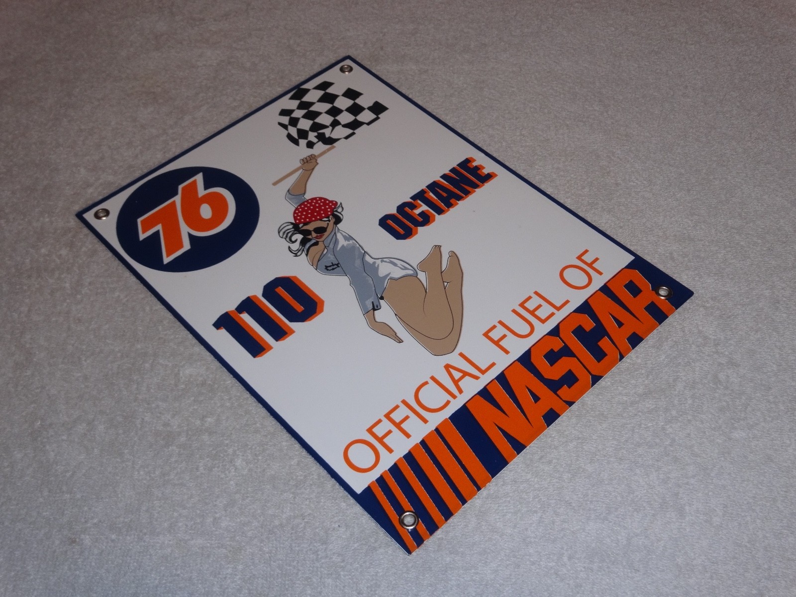 VINTAGE UNION 76 GASOLINE WOMAN +RACING FLAG 12" PORCELAIN METAL NASCAR OIL SIGN