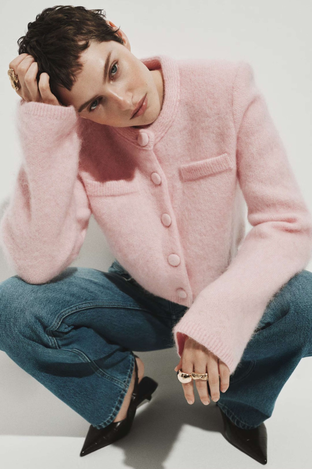 H&M WOMENMohair Blend Cropped Cardigan Shoulder Pads Button Front Soft Knit Pink