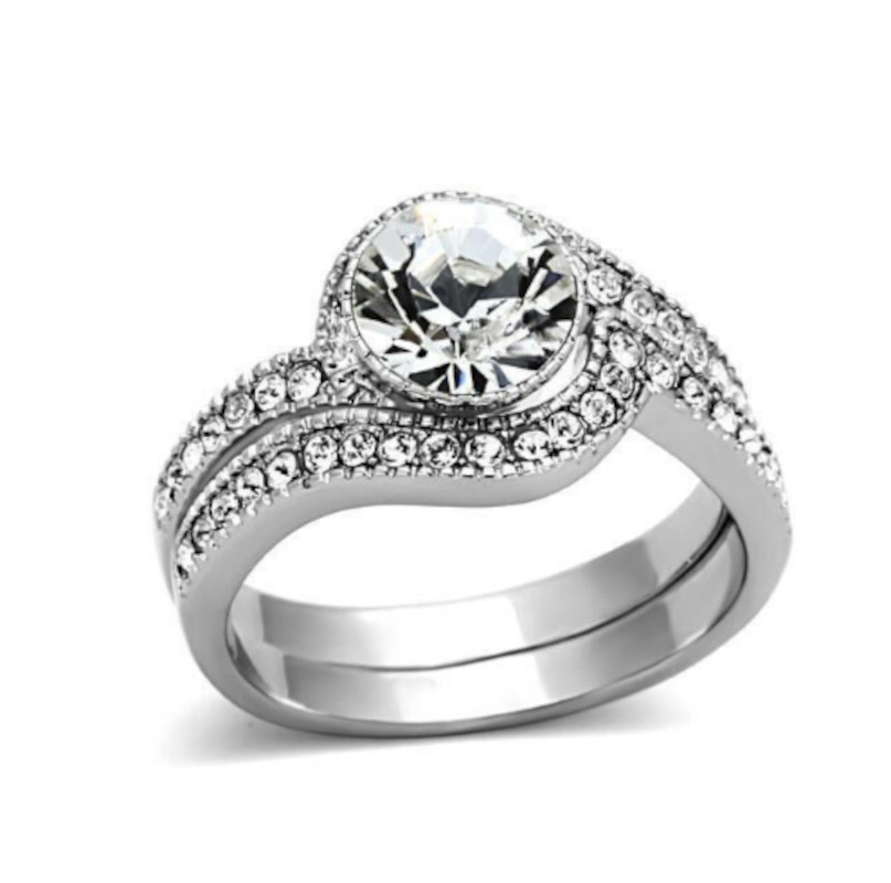 7 mm Ring Set Stainless Steel Crystal Halo w Accents Engagement Sz 5 9 10