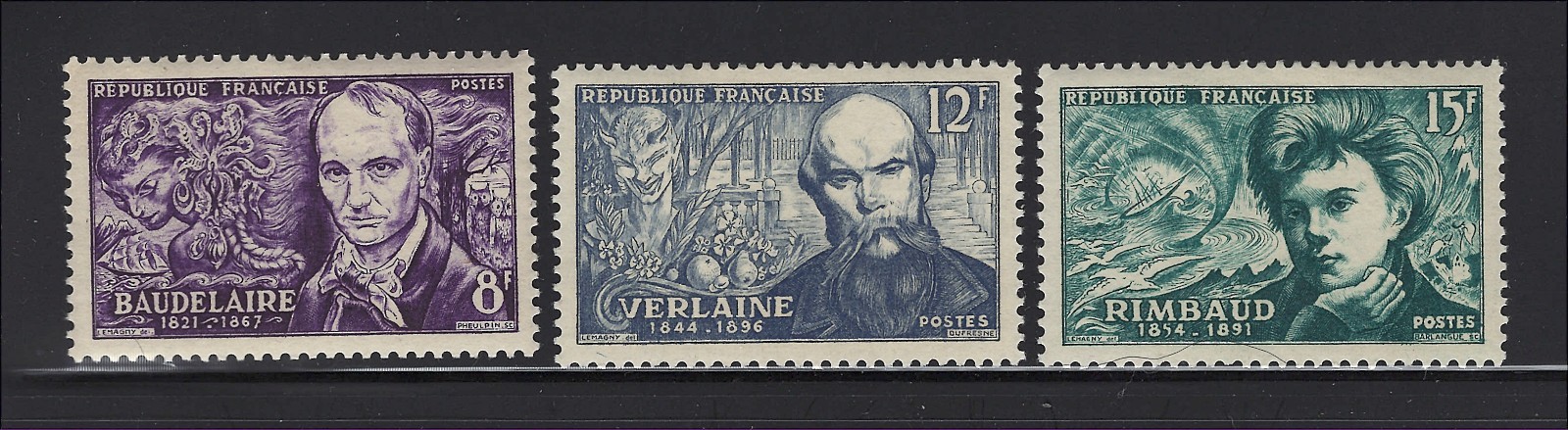 France Scott # 666-668 MNH-MLH Baudelaire, Verlaine & Rimbaud 1951