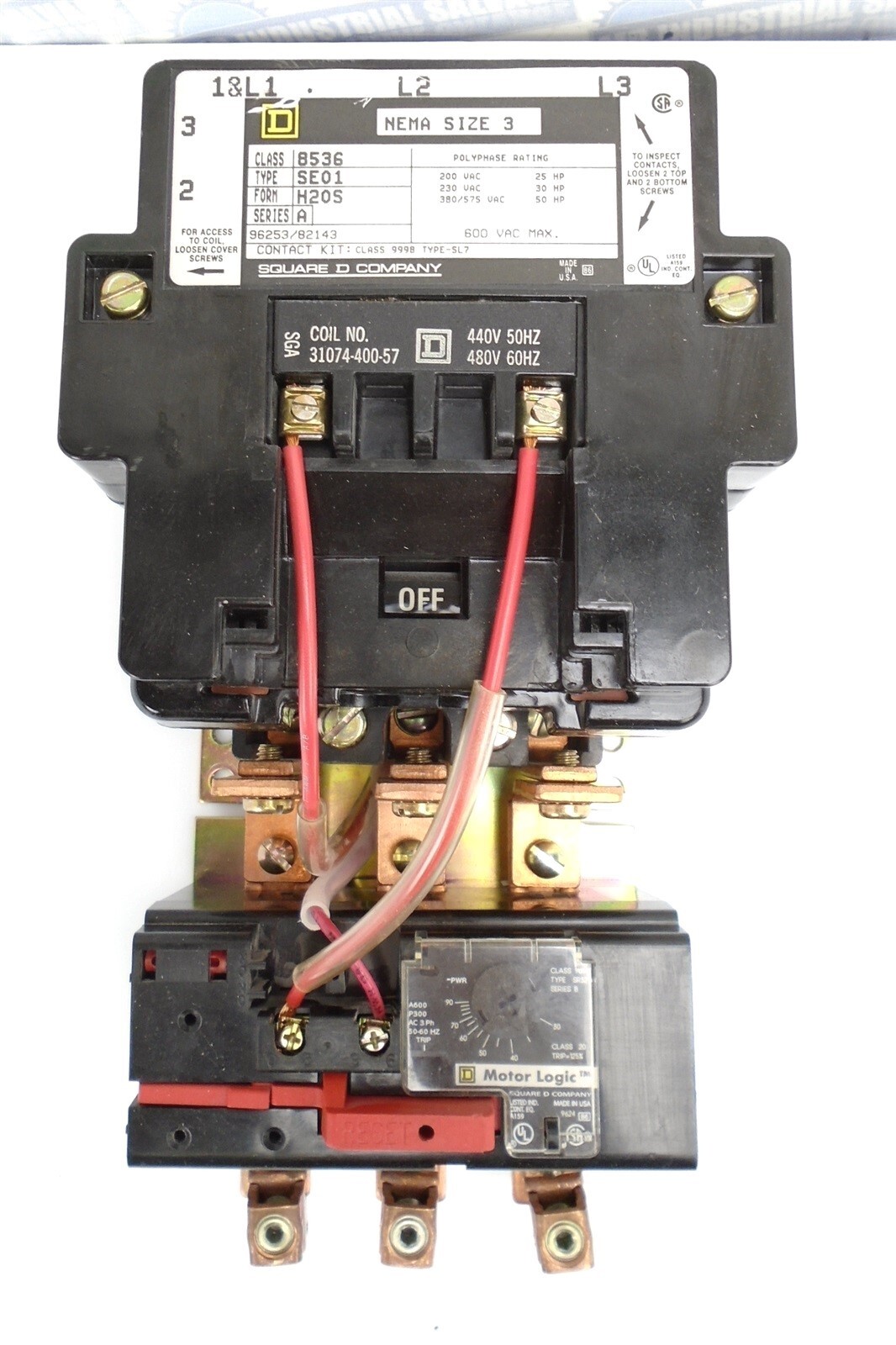 SQUARE-D 8536SEO1H20S SZ 3 MOTOR STARTER LOGIC 25-50HP Coil 480V 90A 600V TESTED