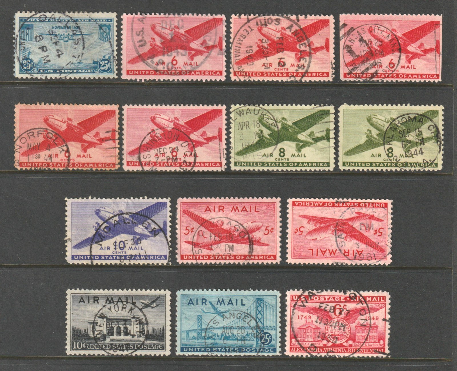 1935-49 Air Mail Stamps, Used, Scott #s C20 | C40, 14 CDS Cancels