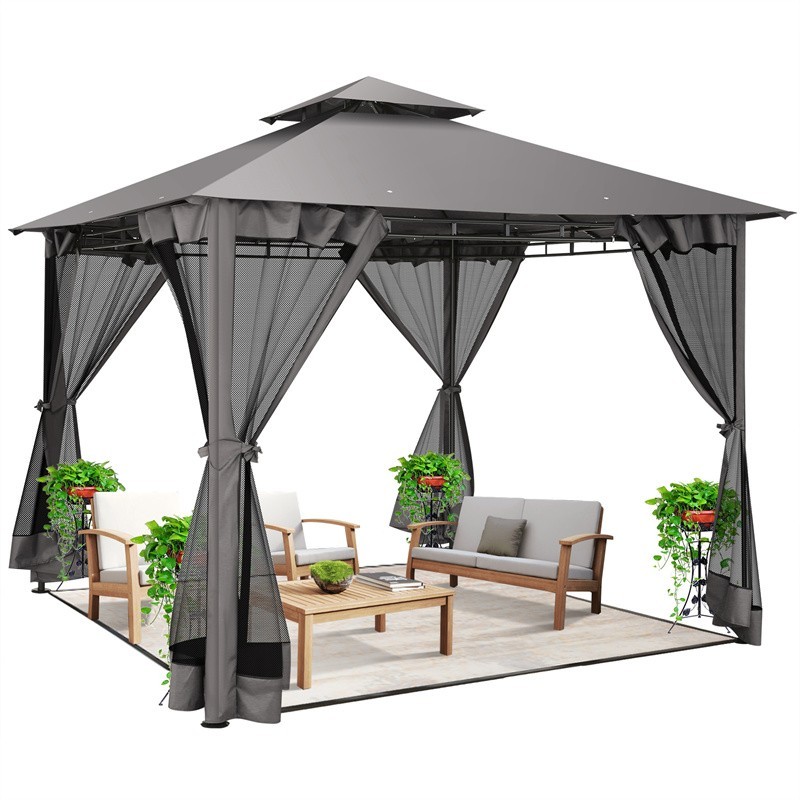 10x10 Patio Gazebo with Mosquito Netting Heavy Duty BBQ Canopy Tent Double Roof