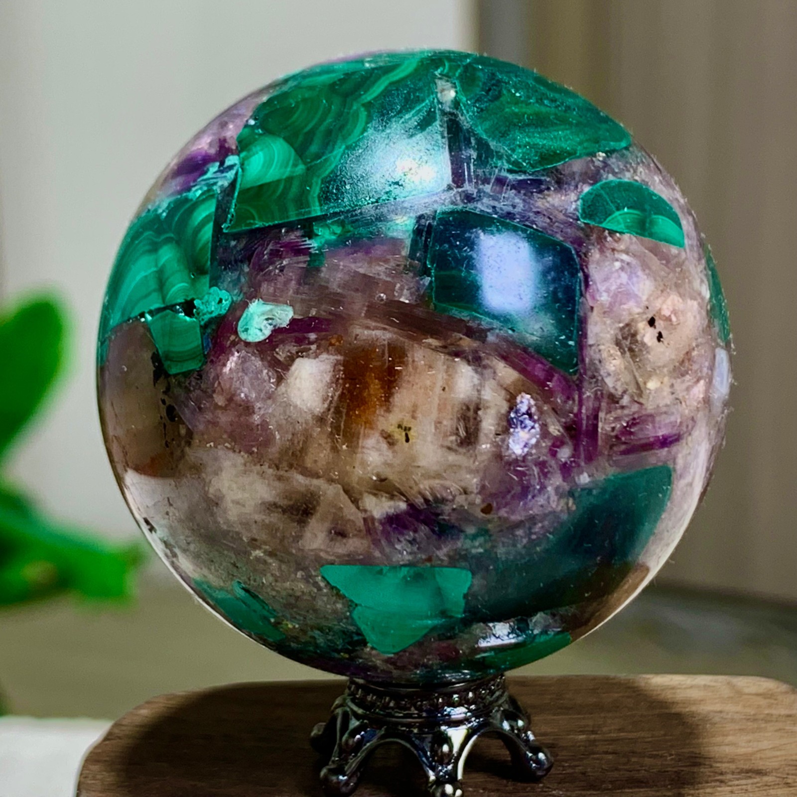 129G Newly discovered rare malachite purple mica symbiotic sphere restoration