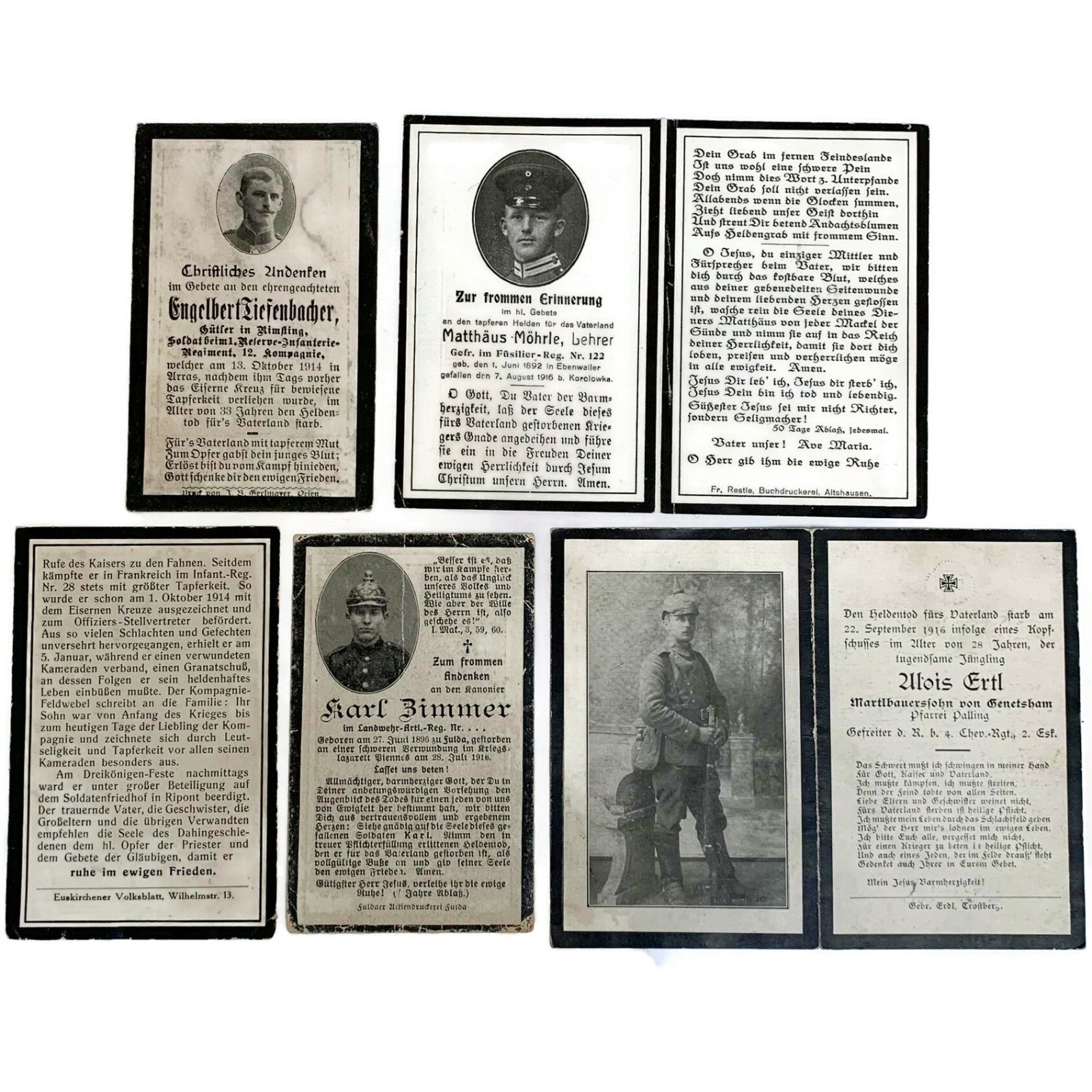 Group 5 KIA WW1 German Army Soldiers Mourning Death Cards Killed in Action