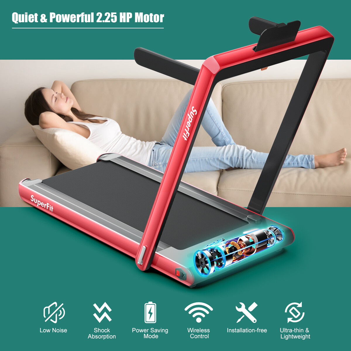 2 in 1 Folding Treadmill 2.25HP Running Machine w/ Dual Display Red
