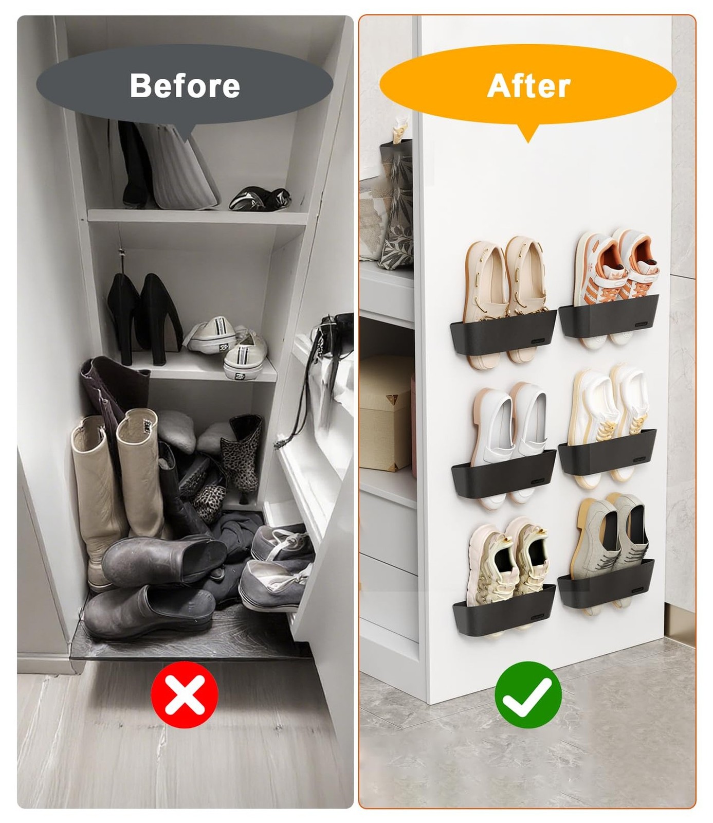 6-Pack Wall Mounted Shoe Rack with Sticky Strips, Space Saving Hanging Shoe R...