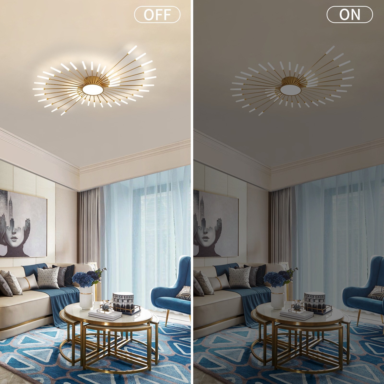 42-Light Fireworks Ceiling Light Modern LED Flush Mount Dimmable APP Remote-Gold