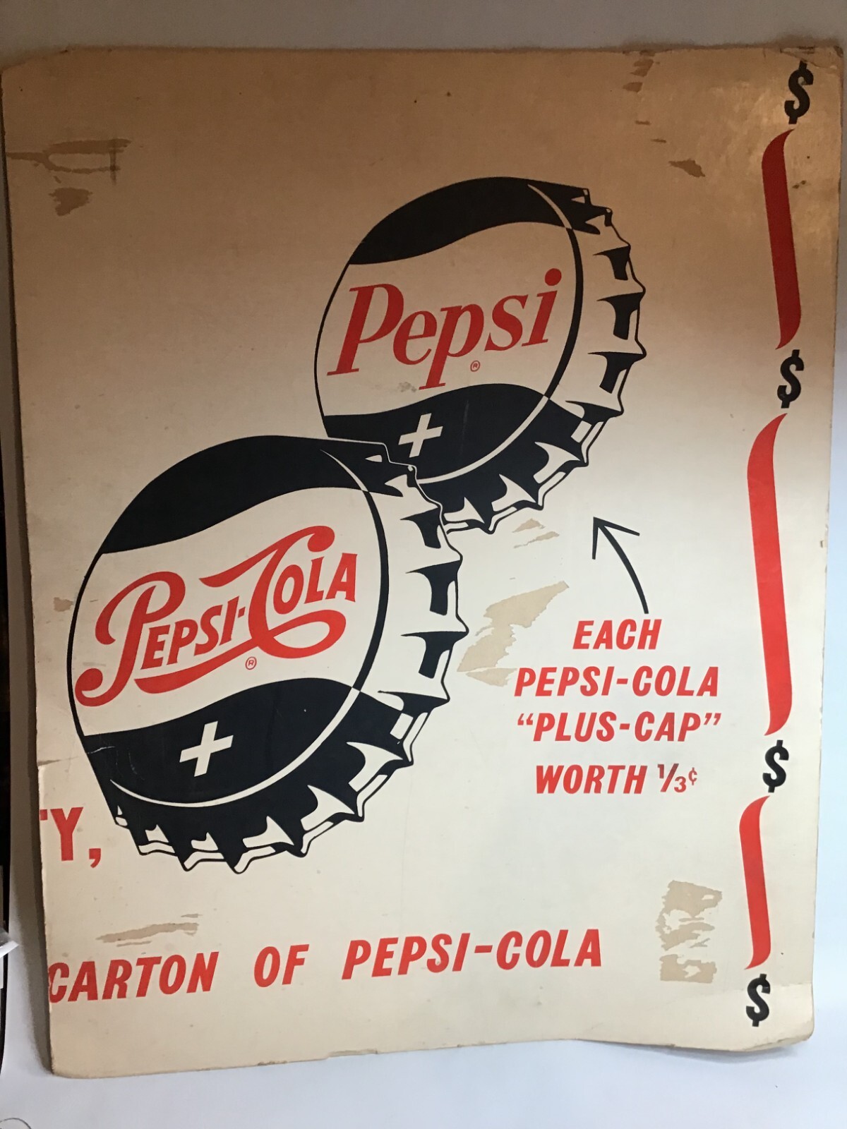 Pepsi Cola Plus Caps Cardboard Advertising Sign Collectible 22inX28in
