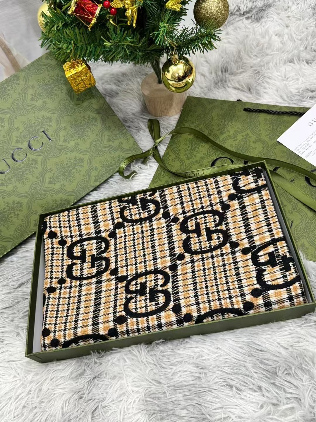 SCARF GUCCI SCARF SHAWL AUTHENTIC 100% CASHMERE BLACK BEIGE CLASSIC LOGO