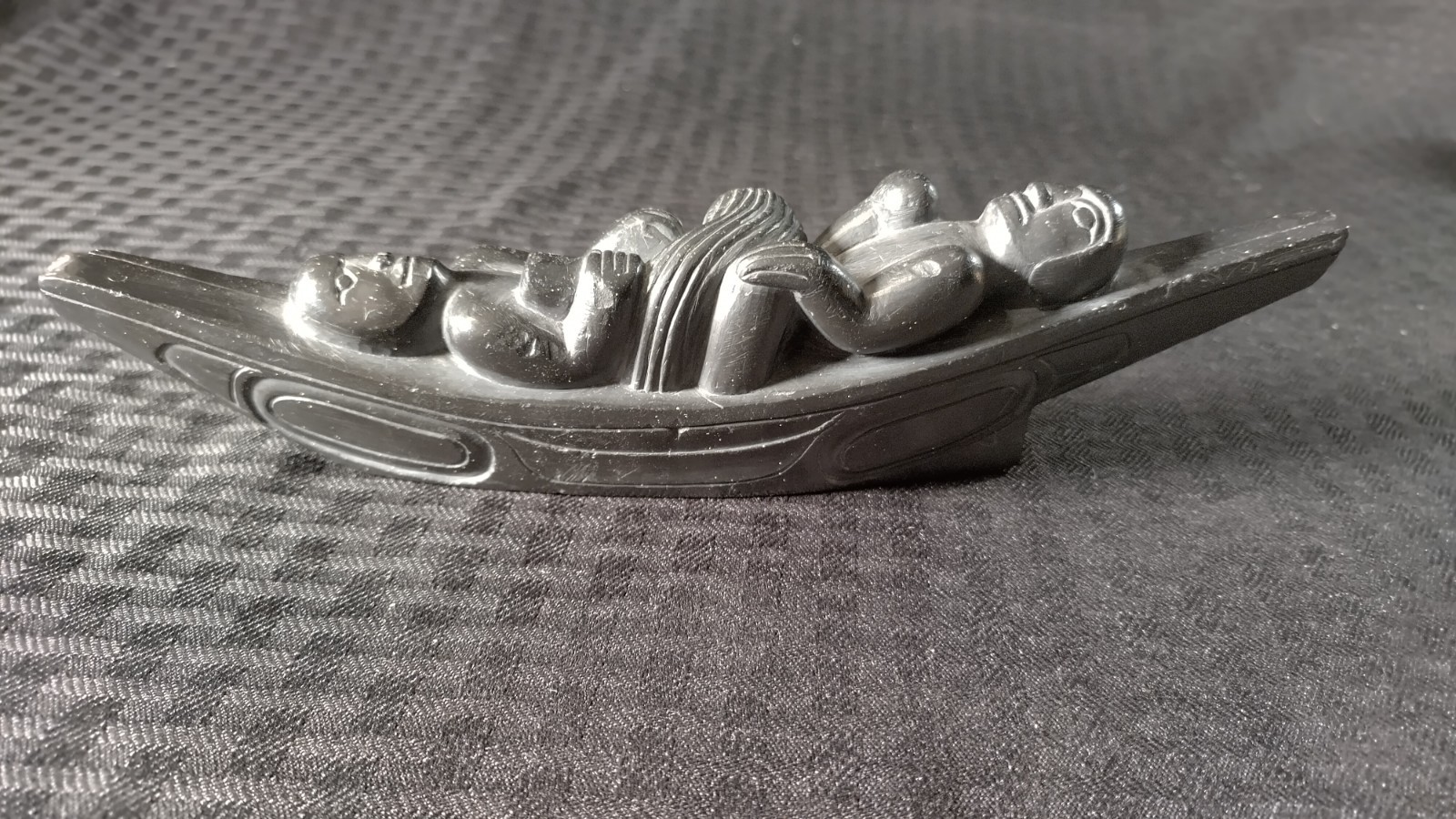 Haida Argillite Canoe Carving W/ Three Figures - Patina Possibly Early 1900s
