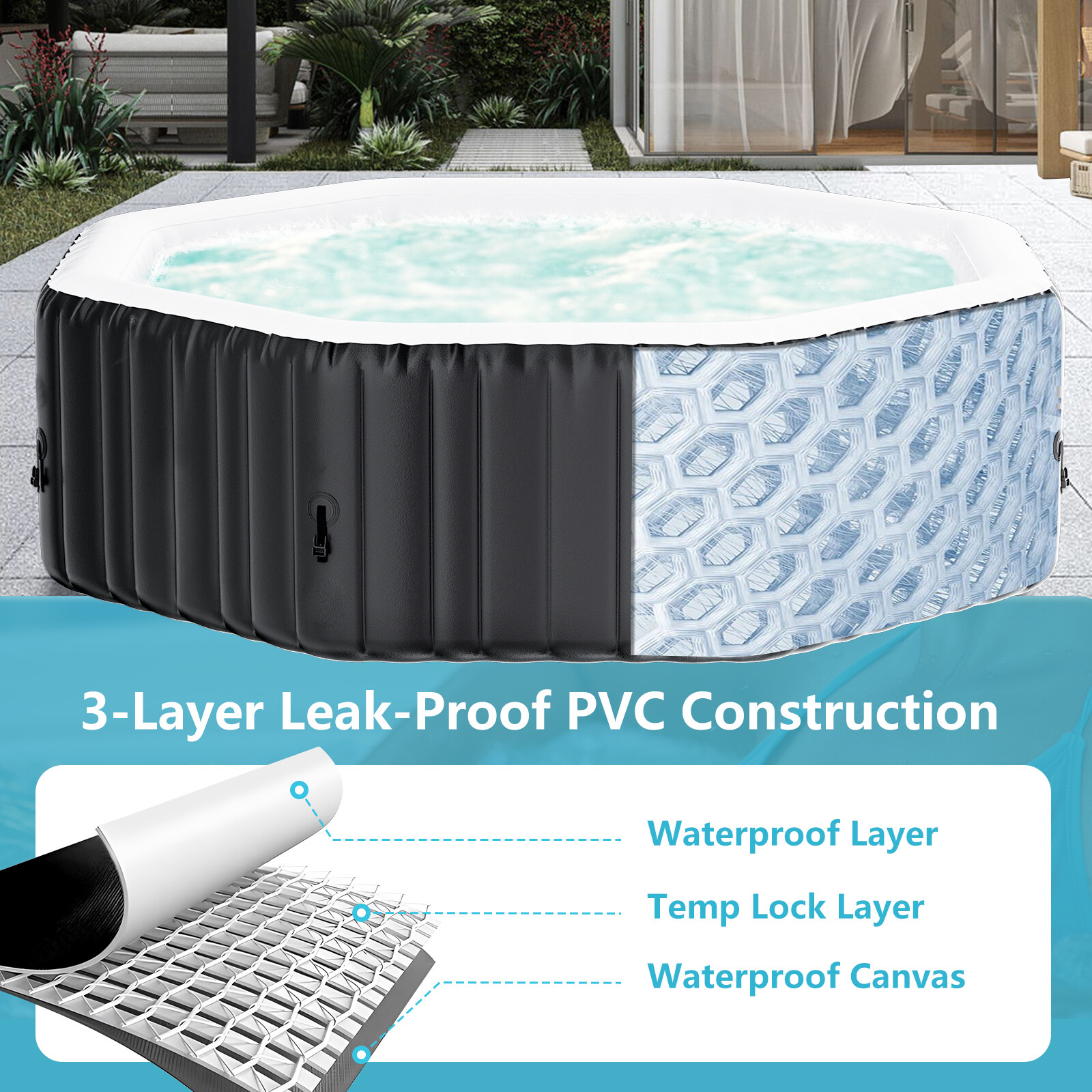 NAIZEA 6 Person Inflatable Hot Tub 75x75x25 Spa with 130 Soothing Jets and Cover