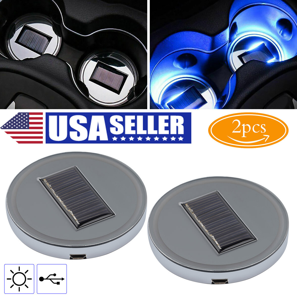 2pcs LED Solar Cup Pad Car Light Cover Interior Decoration Car Light Accessories