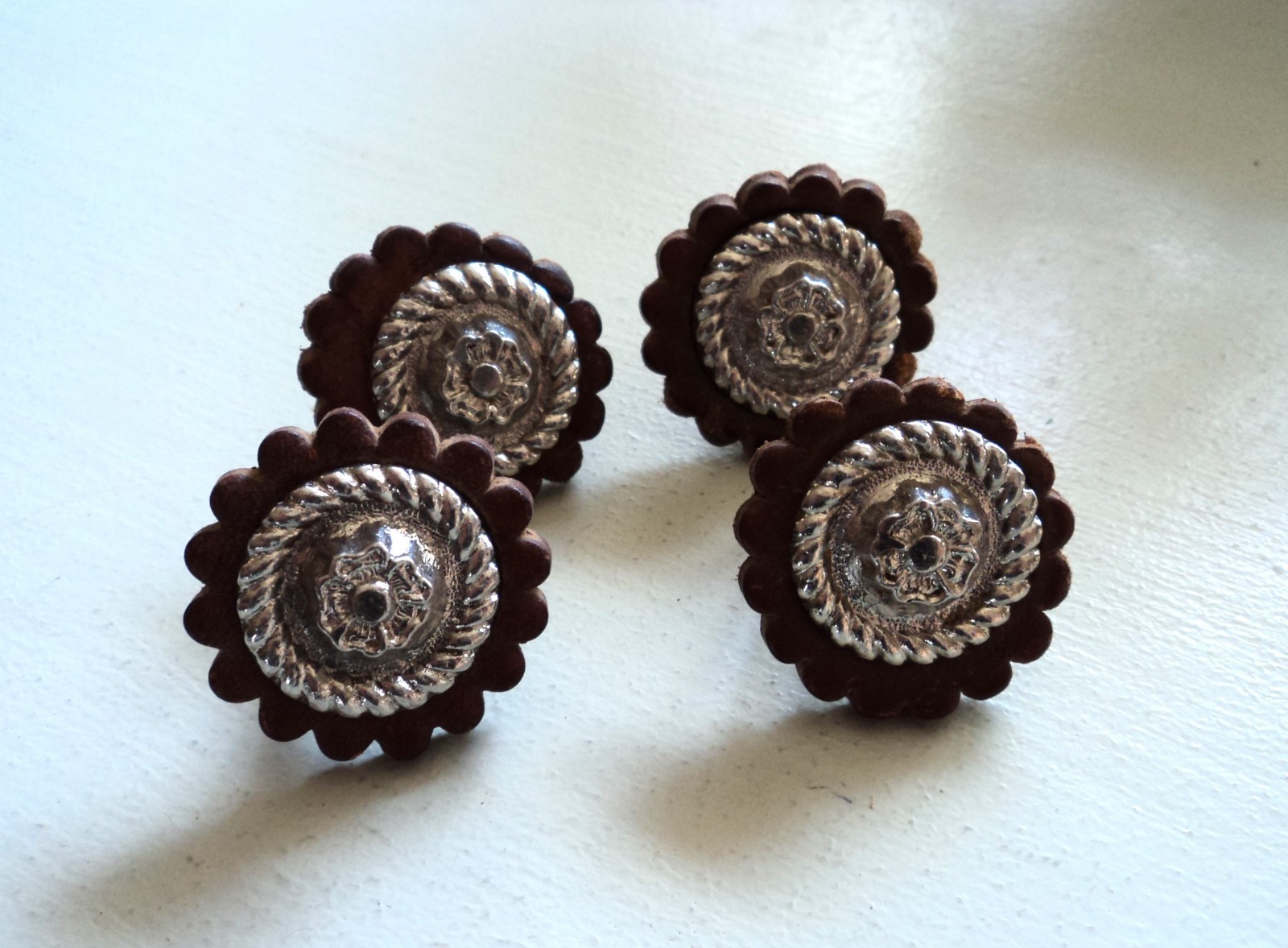 Four Western Saddle Conchos floral screw in w/leather rosettes