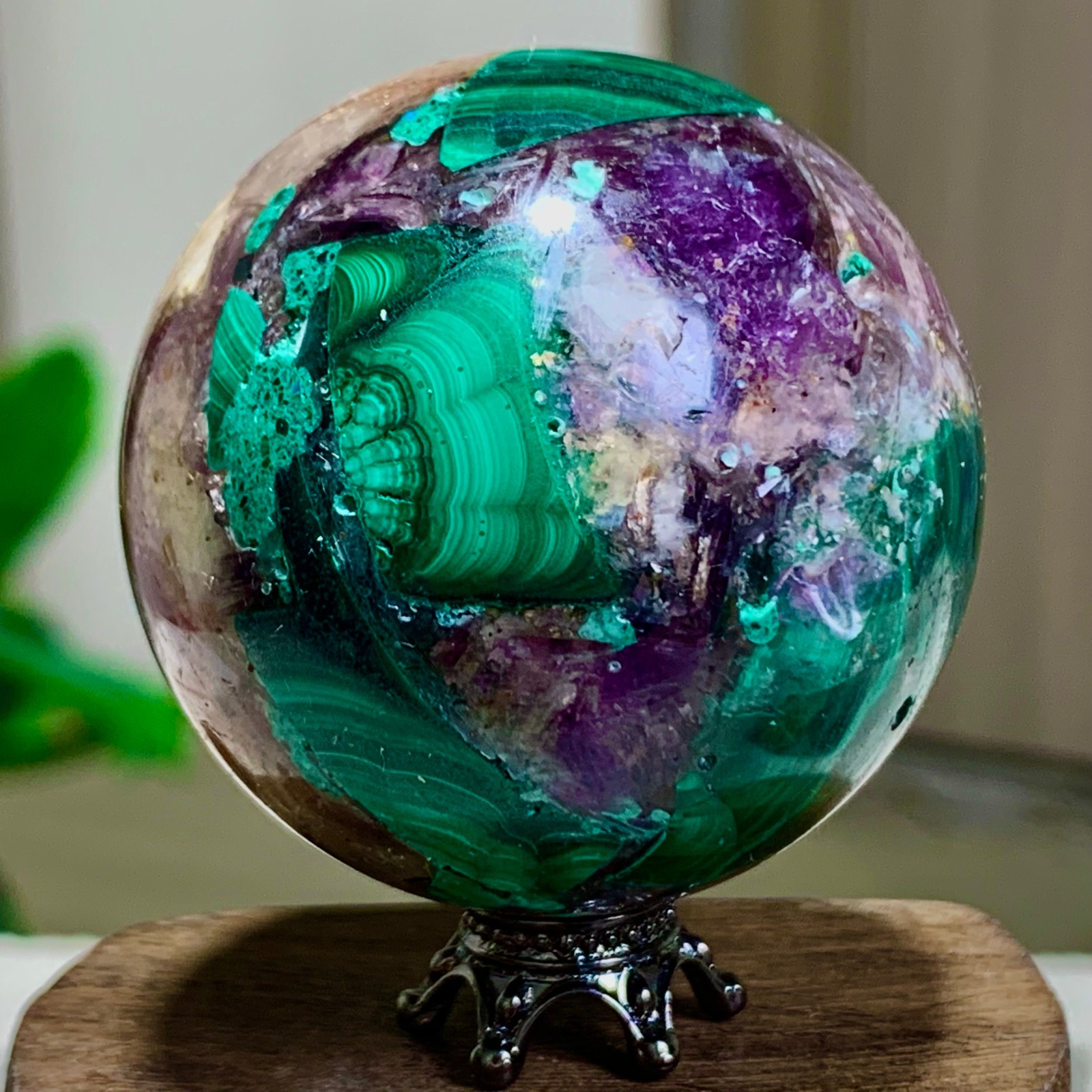 129G Newly discovered rare malachite purple mica symbiotic sphere restoration