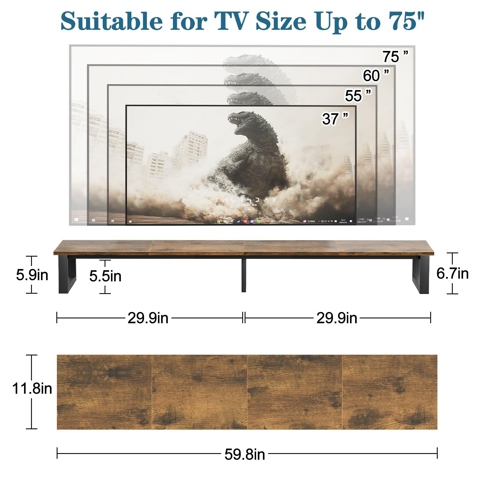 59 Large TV Riser Stand for 32-75 TV, TV Shelf Steel Legs Brown