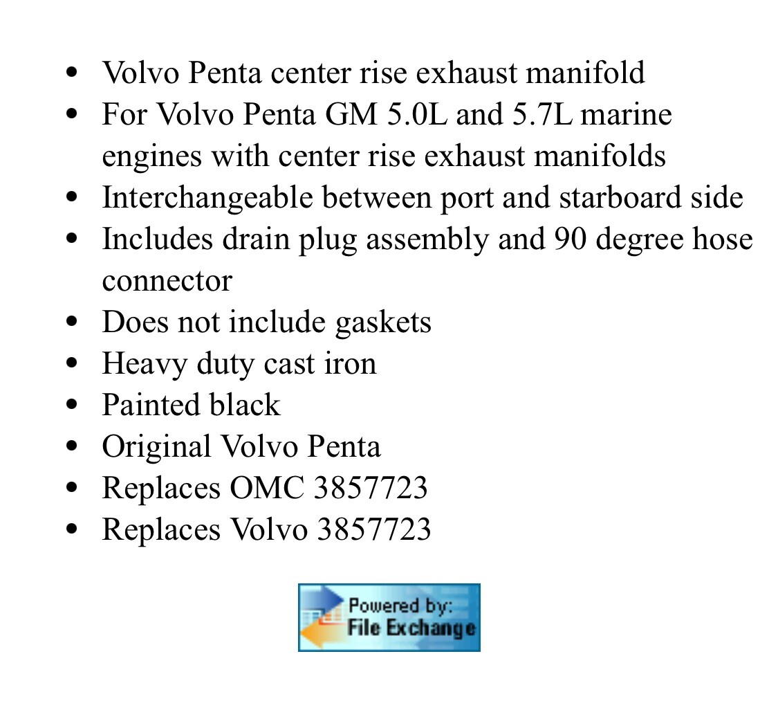 Volvo Penta 3847501 5.0L/5.7L Exhaust Manifold 5.7 350 Replaces 3857723 OEM