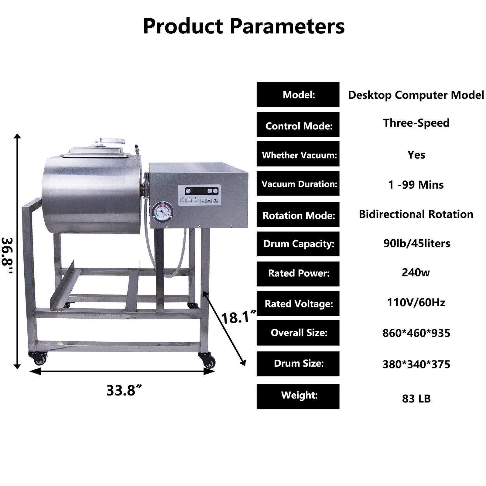 Hakka Refurbished 45L Meat Tumbler Marinator Vacuum Pump Curing Rolling