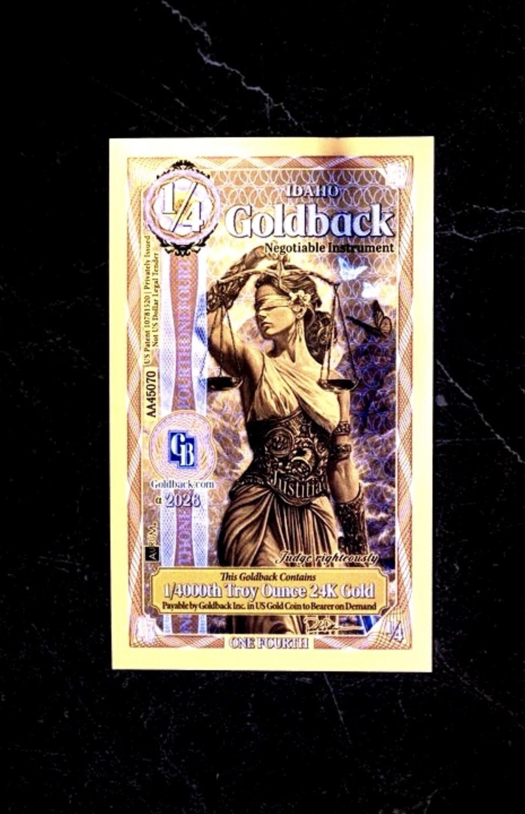 1/4 IDAHO ALPHA GOLDBACK AURUM 24K GOLD NOTE 1/2000 OZ .999 GOLD BU PRE SALE 🔥