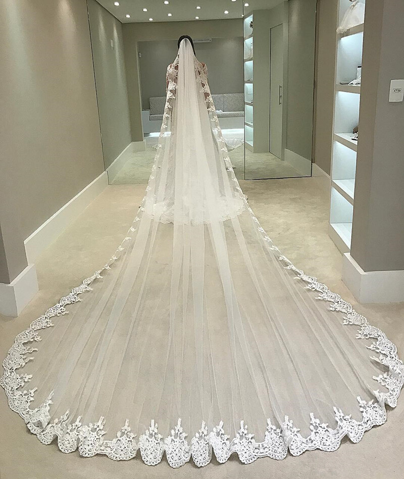 10Ft Long White Wedding Bridal Veils with Embroidery Lace Edge Bride Supplies US
