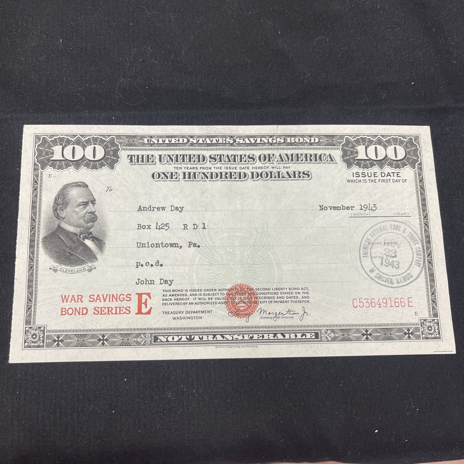 1943 $100 US War Savings Bond Series E - Uncashed