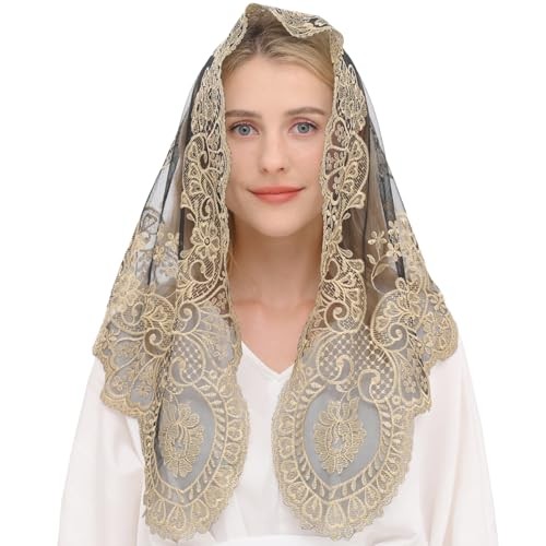 Triangular Mantilla Lace Head Covering Mass Catholic Church Veils Gold&black