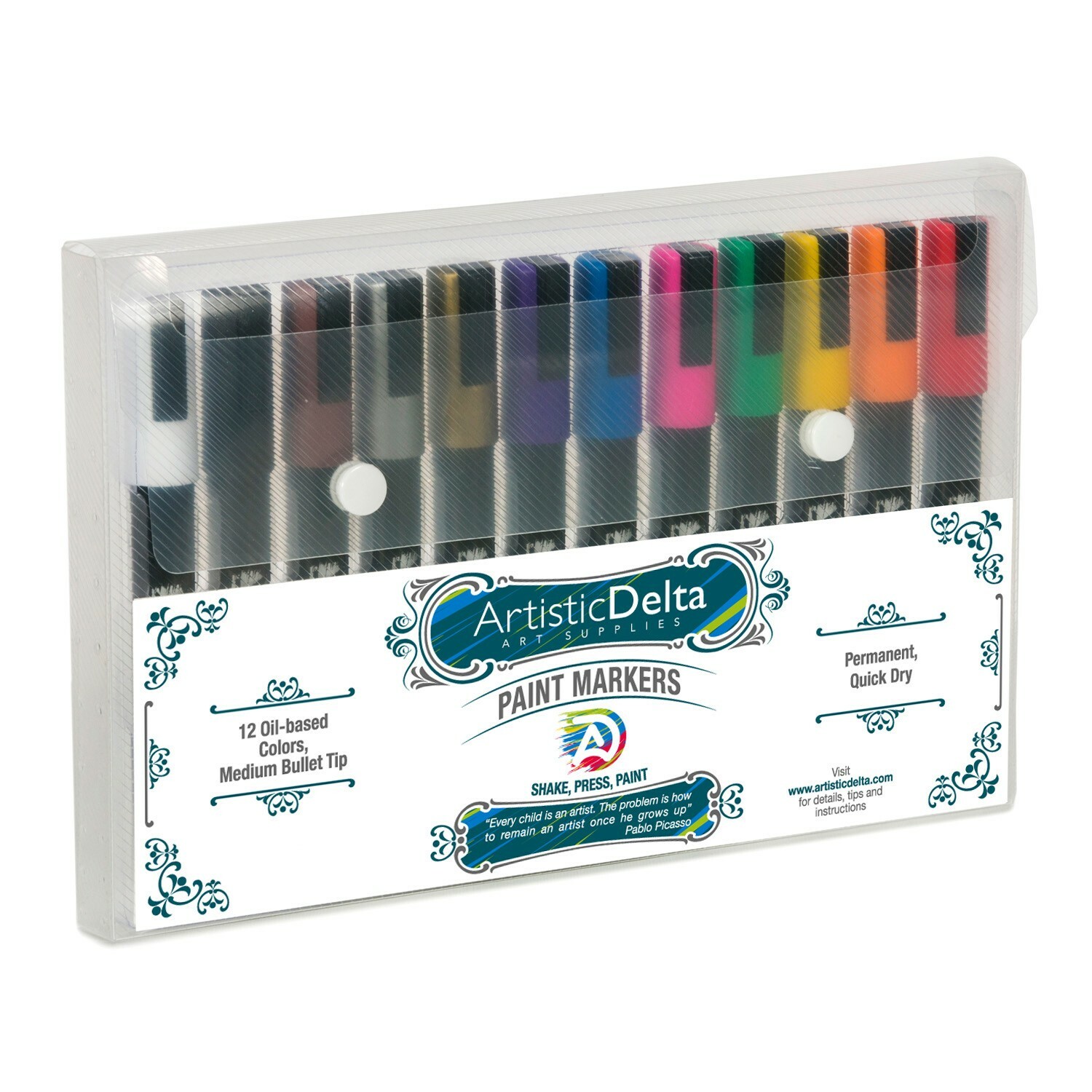 Paint Markers Set of 12 Medium Point Oil-based Art Pens w/Durable Case