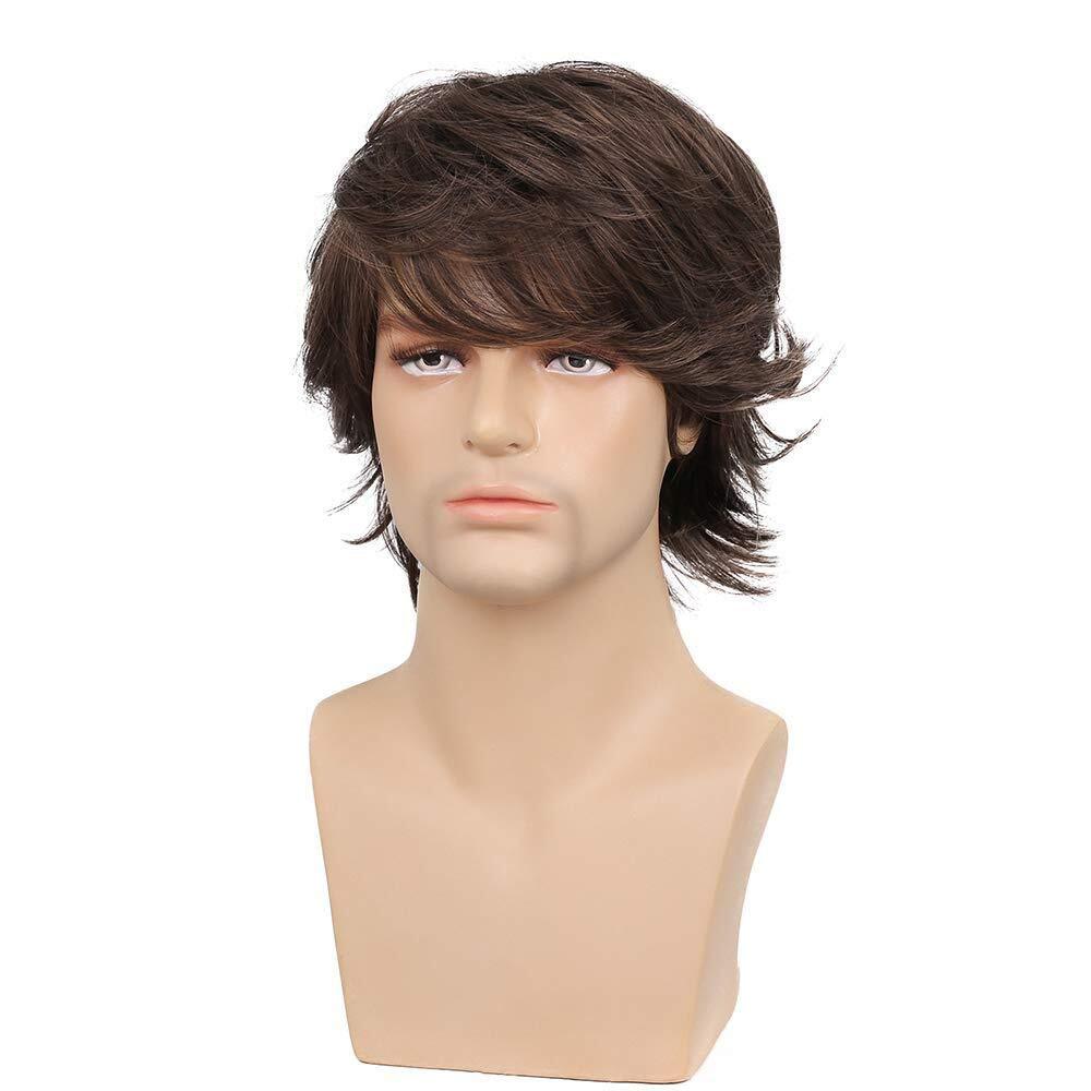 Men's Short Brown Wig Natural Fluffy Synthetic Hair Wig Heat Resistant Daily USA
