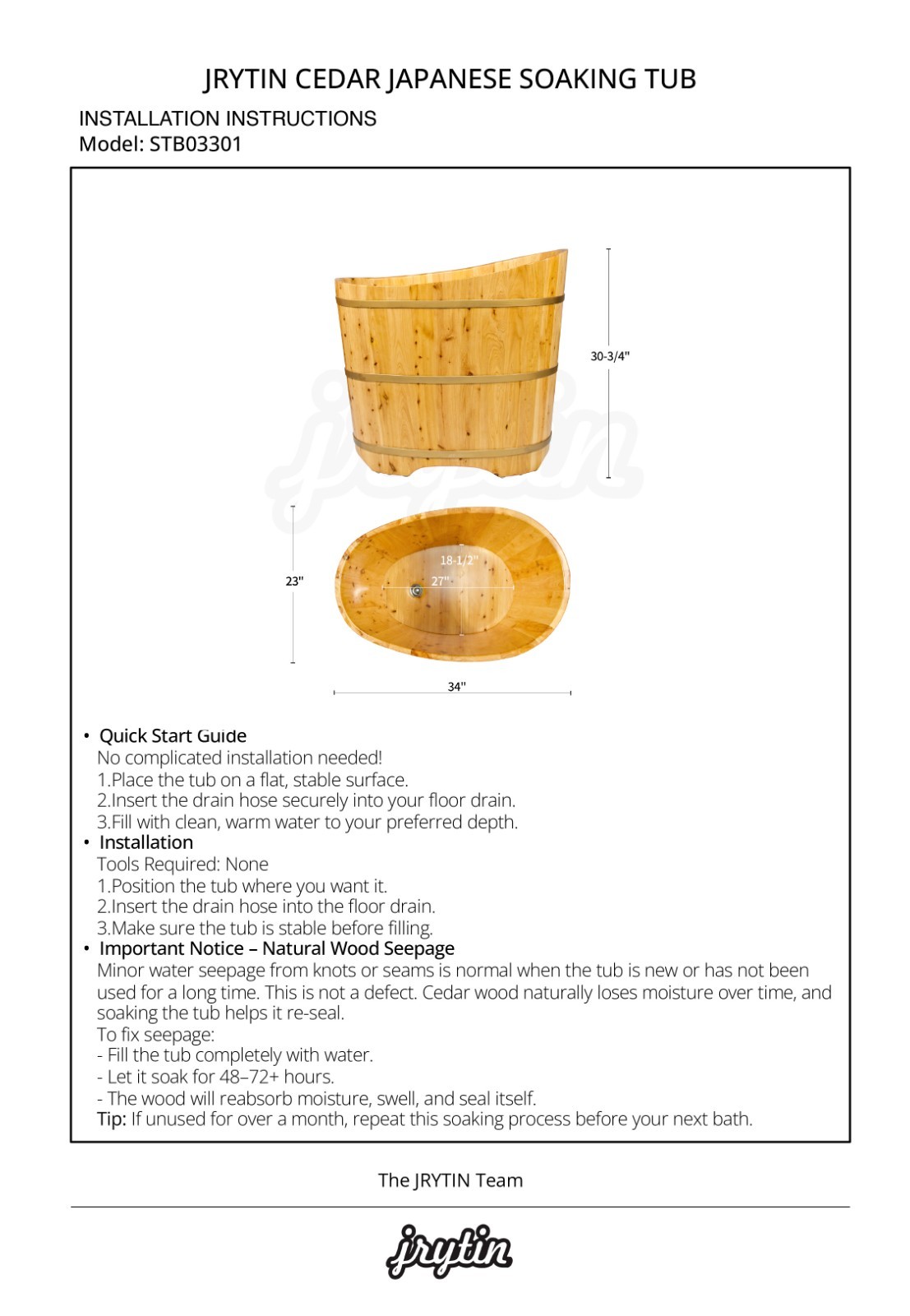 JRYTIN 34” Japanese Soaking Tub, Mobile Freestanding Wood Bath for Small Spaces