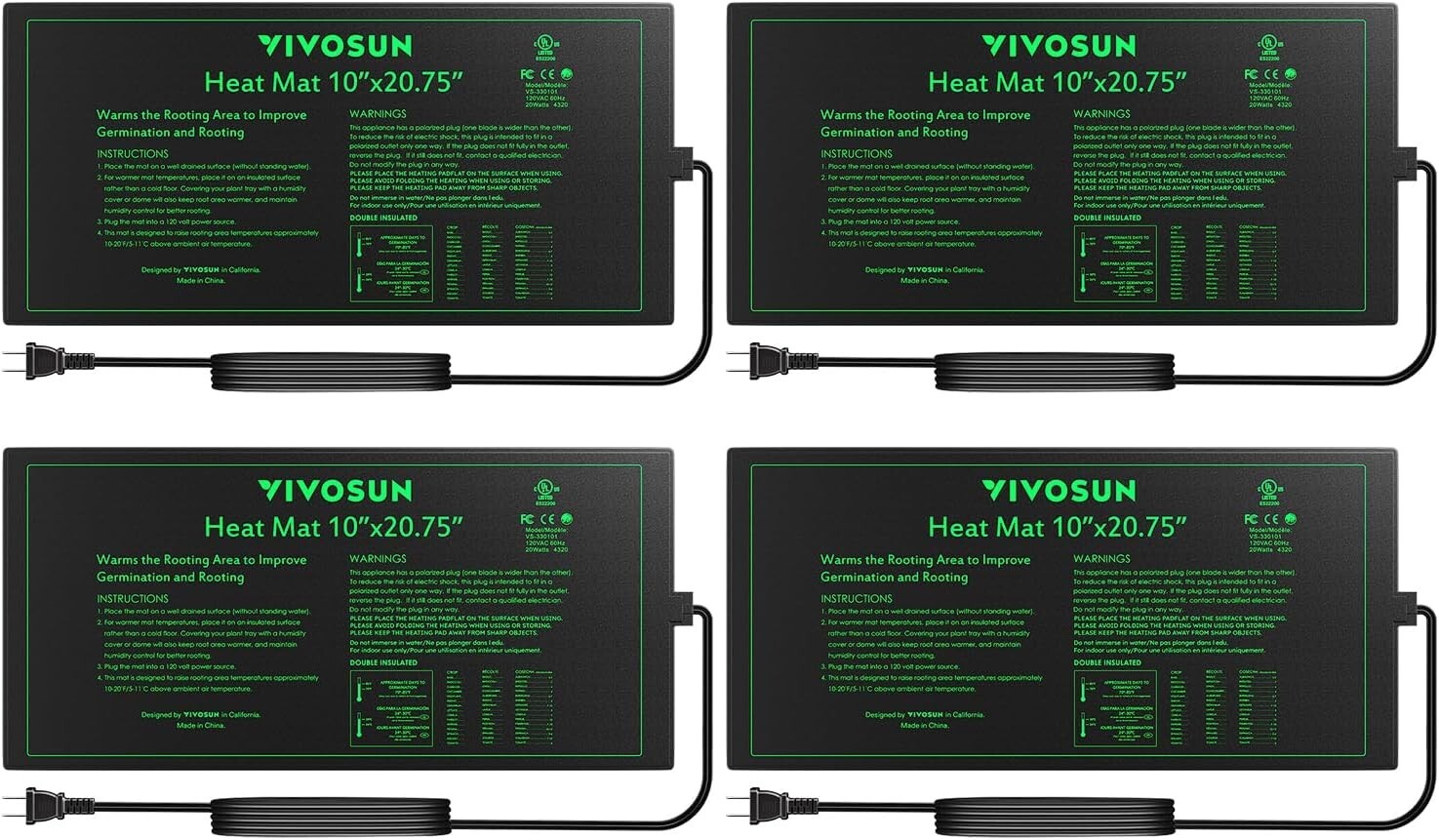 VIVOSUN 4-Pack Waterproof Seedling Heat Mat 10" x 20.75" UL & MET-Certified,20W