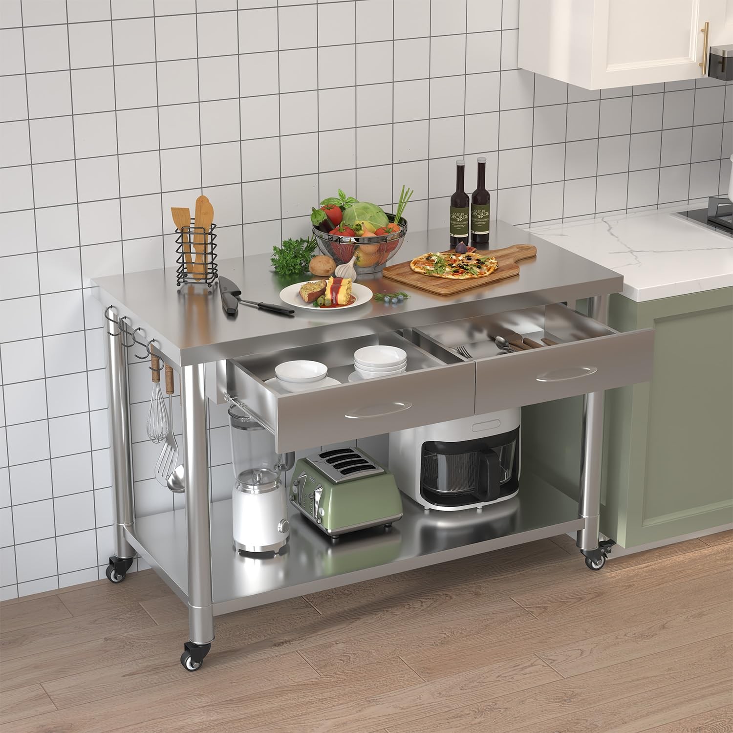 48"x24" Stainless Steel Work Table with Drawers, Rolling Kitchen Prep Workbench