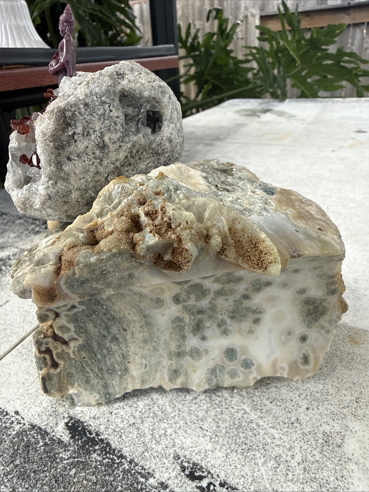 Carved Ruby Buhda On Ocean Jasper Faced Rough, Incredible Orbs Red Crystals 6”