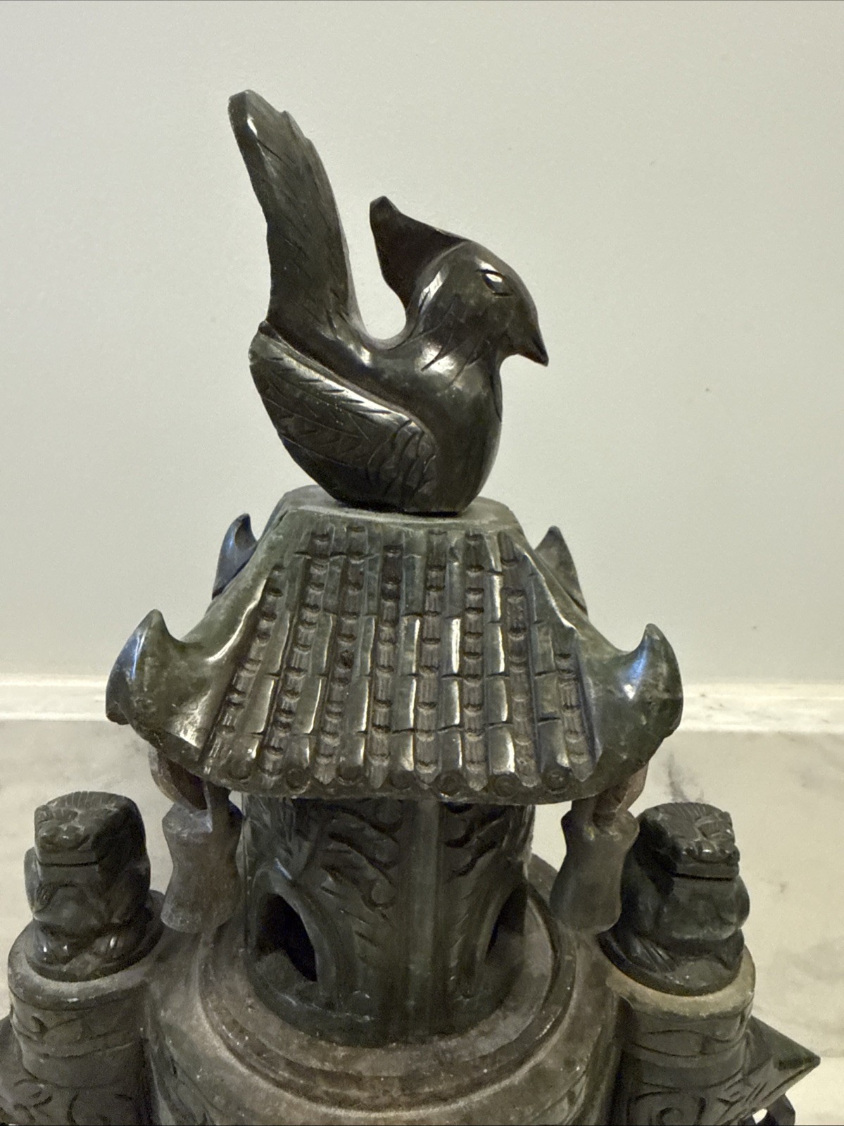 Large Vintage Chinese Deep Green Nephrite Jade Incense Burner 14”