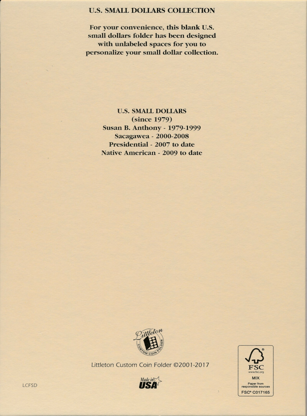 Littleton Coin Folder LCFSD Small Dollar Blank (No Dates) Album / Book