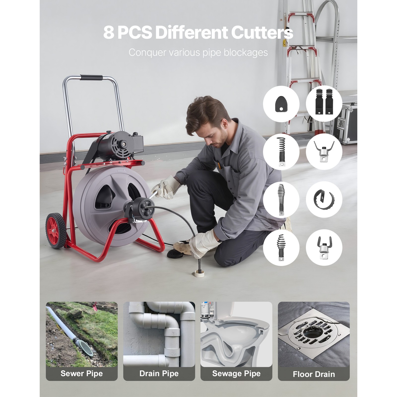 Uimoso Drain Cleaning Machine 100FT x1/2 Inch with Auto Feed, Wheels & 8 Cutters