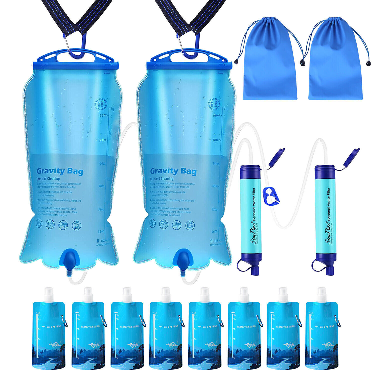 Gravity-Fed Water Filter Purifier 3L|Personal Water Filter Straw|Water Pouches