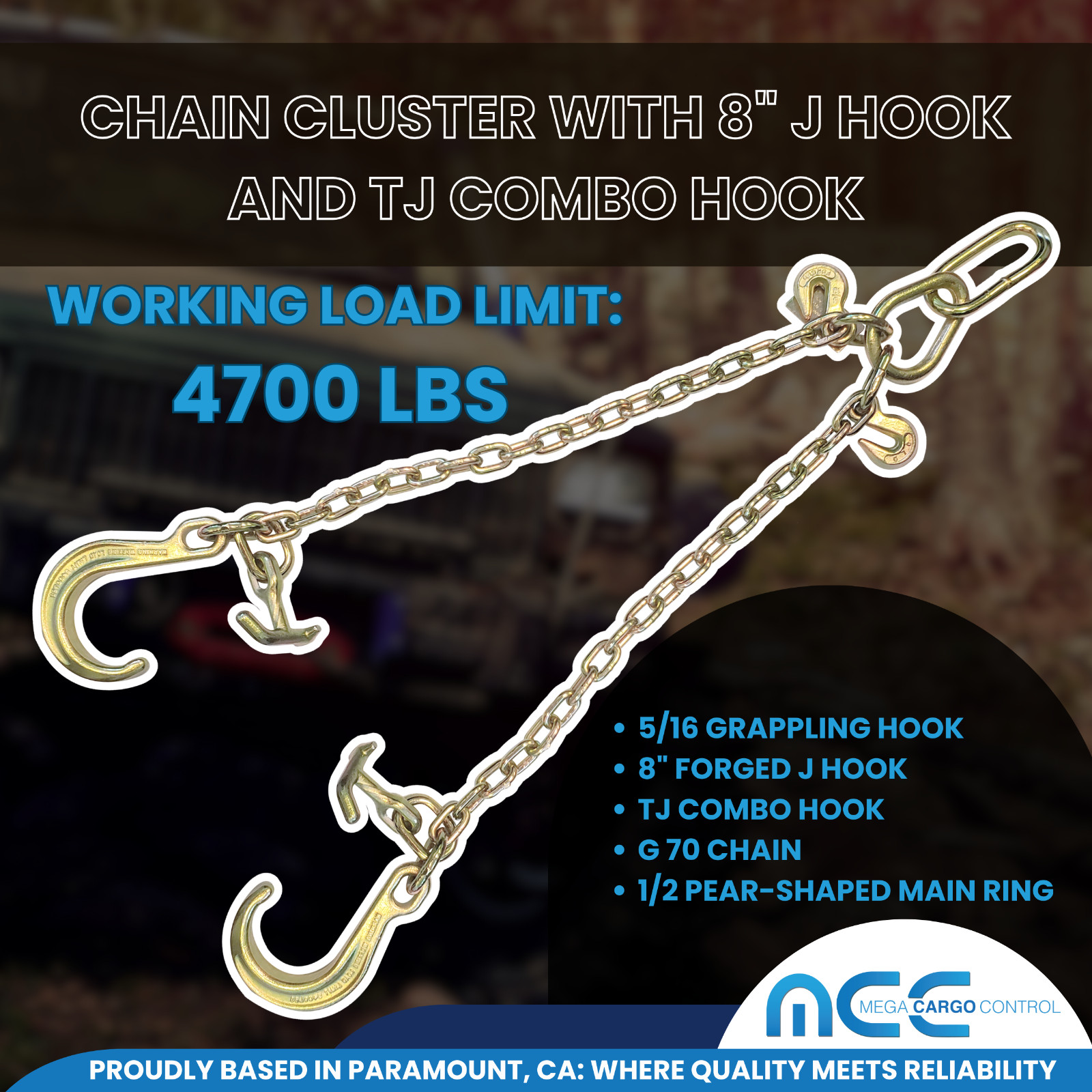 1 Pack G70 5/16" V Bridle Tow Chain w/ 8" J Hook & TJ Combo & Grab Hook 2ft Legs