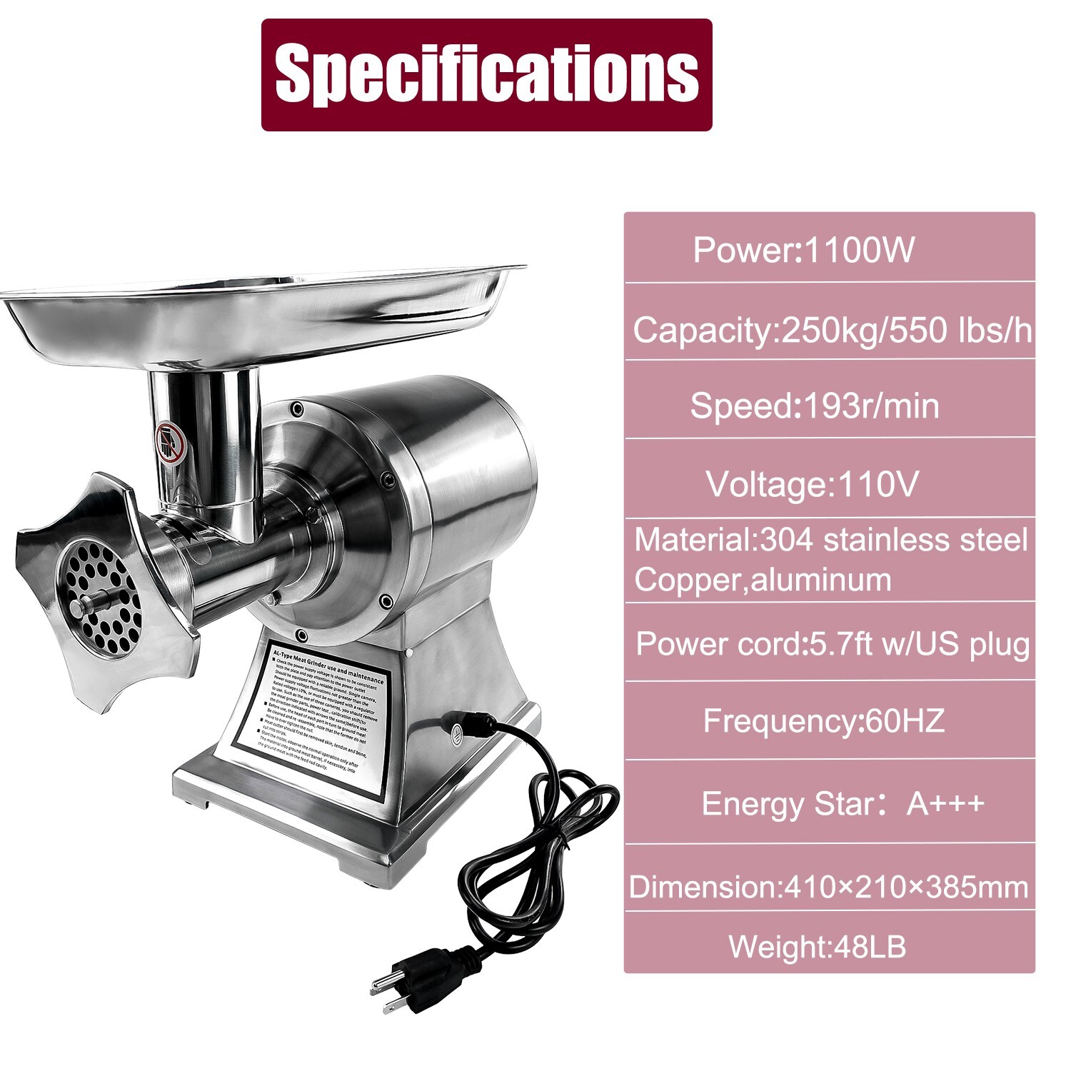 1.5HP Commercial Electric Meat Grinder 1100W Stainless Steel 550lbs/h Heavy Duty
