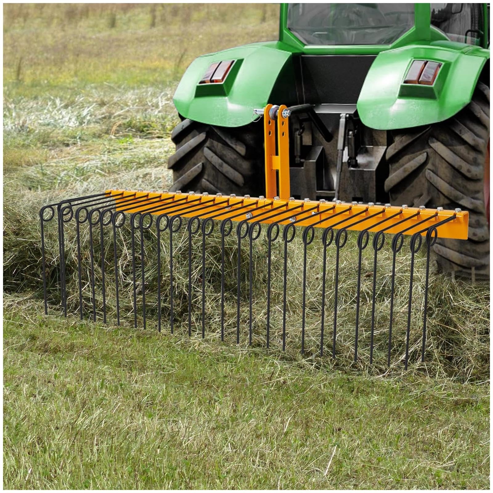 Multi-Purpose 60 IN Pine Straw Rake w/26 Spring Steel Teeth for Cat 0/1 Tractors