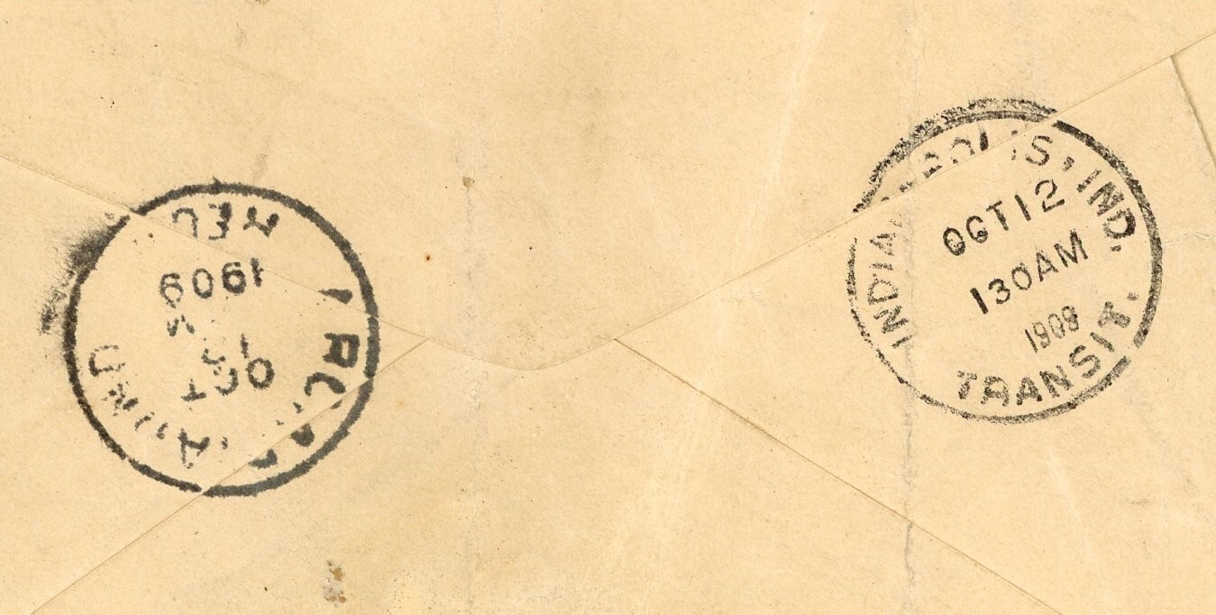 1909 Cover Stamp Brookville Indiana Trustee Charles James Emma Arcadia Red 2C