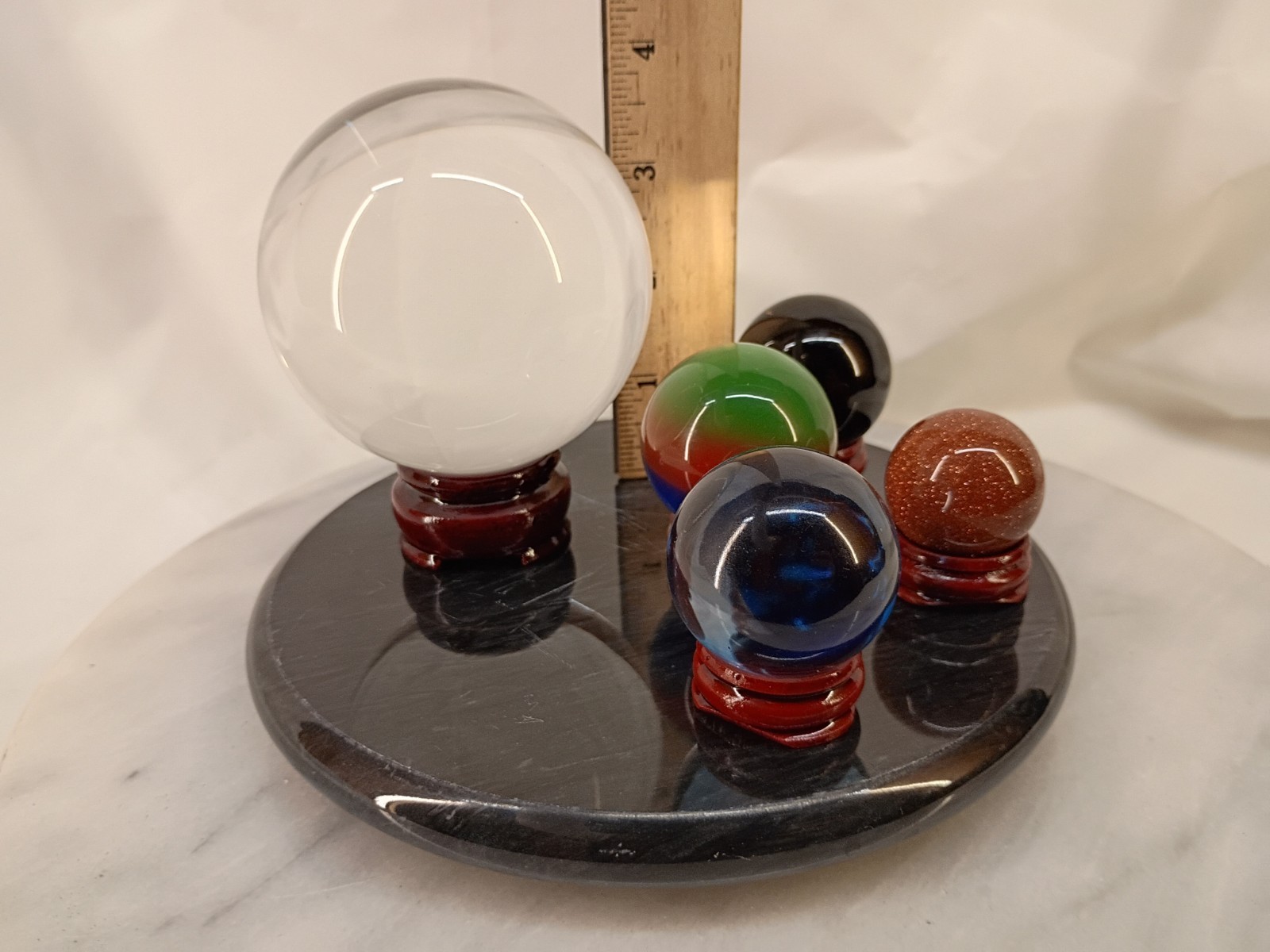 Lot Of 5 Glass Orbs Marbles With Stands And Marble Base Meditation Healing