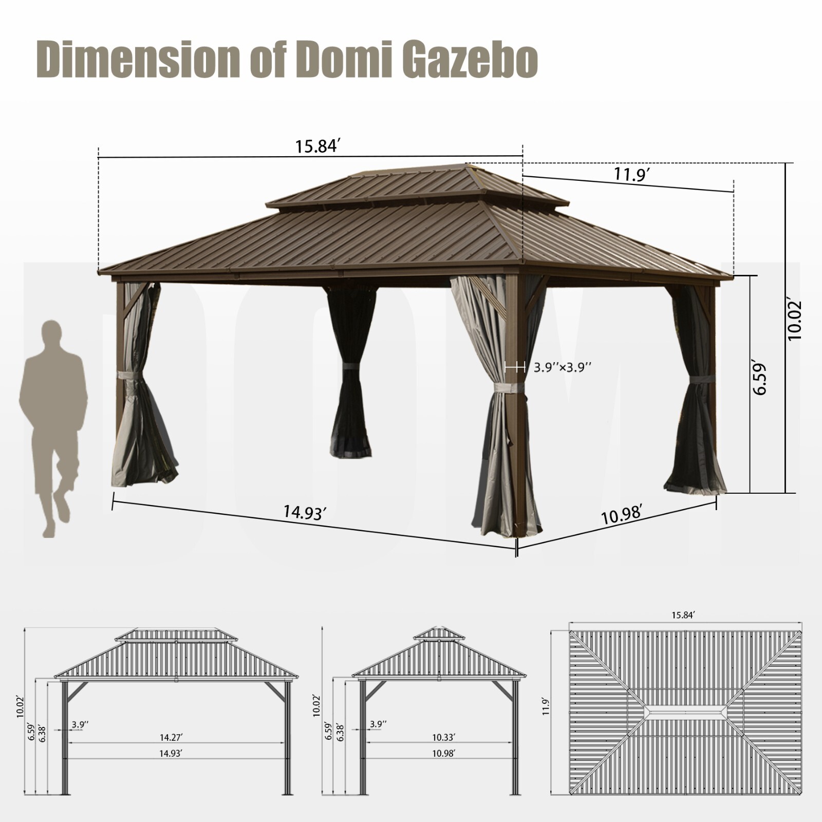 Domi 12’ x 16’ Hardtop Gazebo Outdoor Aluminum Gazebo w/Netting & Curtains,Brown